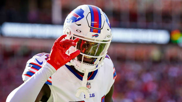 Bills cornerback Kaiir Elam waves after completing an interception against the Chiefs.